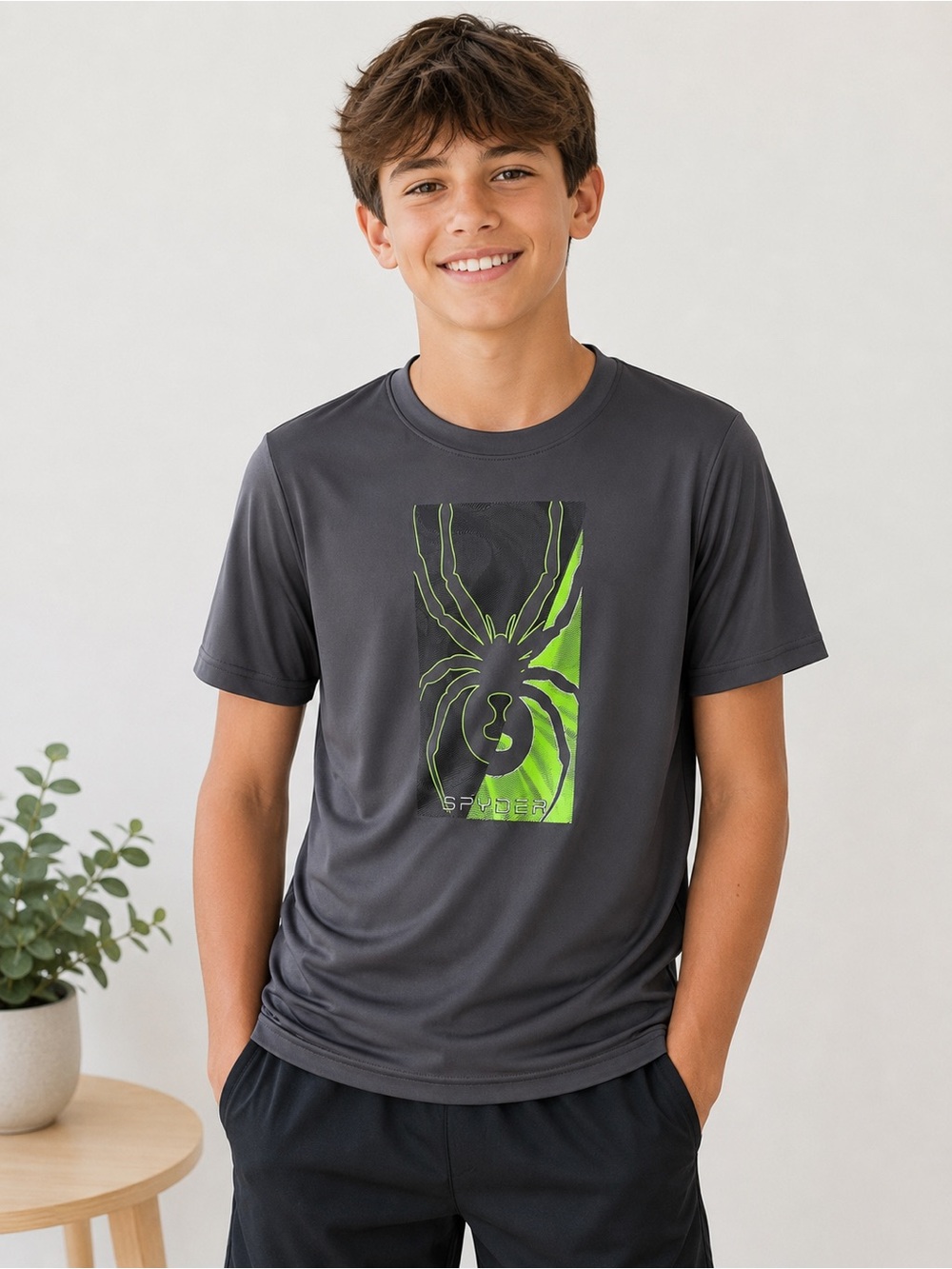 Spyder Boys Large Gray Green Spider Performance Athletic T-Shirt Active Tee